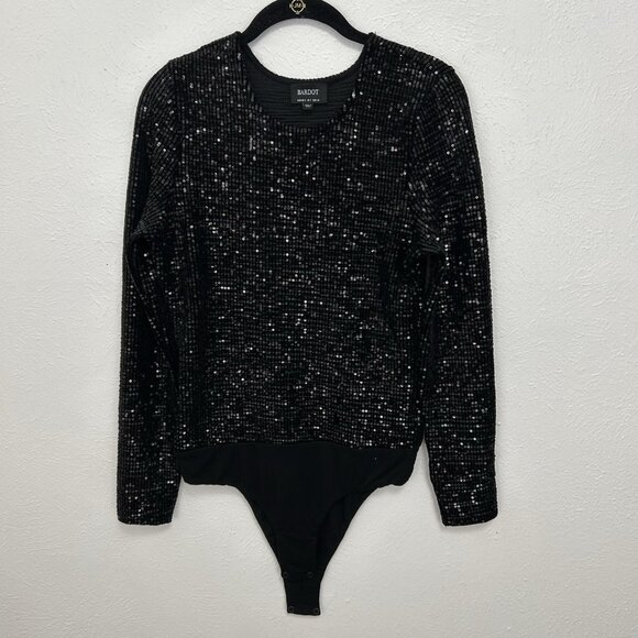 $140 Bardot Shimmer Black Long Sleeve Sequin Bodysuit Size S One-piece Holidays - Picture 2 of 11